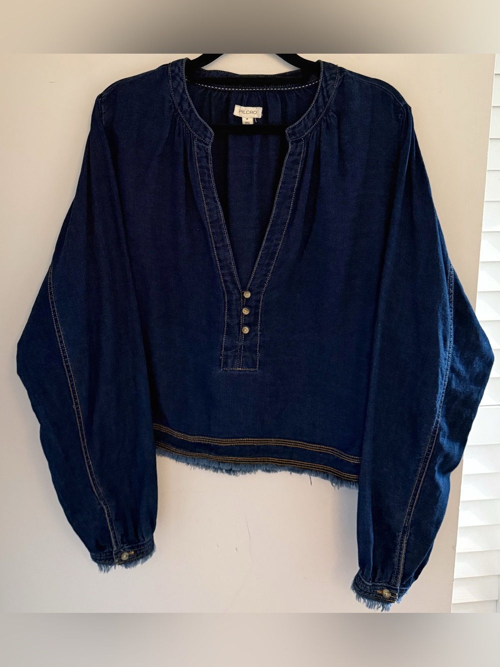 Anthropologie Pilcro Cropped Denim Peasant Blouse M